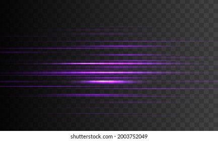 Purple horizontal rays, lens, lines, laser beams. Laser beams, horizontal light rays isolated on transparent background. Glowing streaks motion, light rays with sparks. Vector illustration, eps 10.