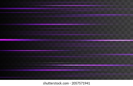 Purple horizontal rays, lens, lines. Laser beams, light rays. Glowing streaks motion, light rays with sparks. Pink, purple, violet horizontal lens flares pack. Glowing stars and sparkles. Vector.