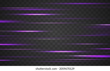 Purple horizontal rays, lens, lines. Laser beams, light rays. Glowing streaks motion, light rays with sparks. Pink, purple, violet horizontal lens flares pack. Glowing stars and sparkles. Vector.