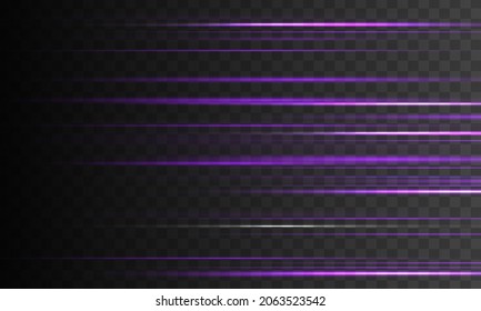 Purple horizontal rays, lens, lines. Laser beams, light rays. Glowing streaks motion, light rays with sparks. Pink, purple, violet horizontal lens flares pack. Glowing stars and sparkles. Vector.