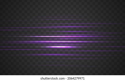 Purple horizontal rays, lens, lines. Laser beams, light rays. Glowing streaks motion, light rays with sparks. Pink, purple, violet horizontal lens flares pack. Glowing stars and sparkles. Vector.