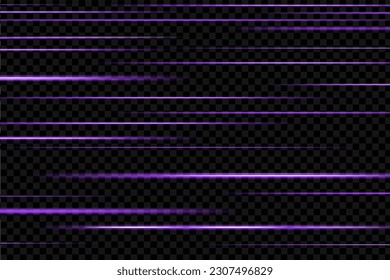 Purple horizontal rays, lens, lines. Laser beams, light rays. Glowing streaks motion, light rays with sparks. Pink, purple, violet horizontal lens flares pack. Glowing stars and sparkles. Vector.