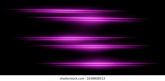 Purple horizontal streaks. Multiple soft glowing lines with blur effect on black background, arranged vertically with smooth motion. Ideal for sci-fi, speed, abstract energy.