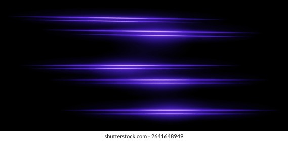Purple horizontal streaks. Multiple soft glowing lines with blur effect on black background, arranged vertically with smooth motion. Ideal for sci-fi, speed, abstract energy.