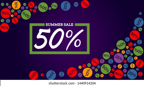 Purple horizontal template with text 50 % OFF for sale, shopping promo banner, discount design. Vector with color stickers, concept in modern style