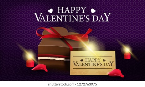 Purple horizontal Valentine's Day greeting card with chocolate candy