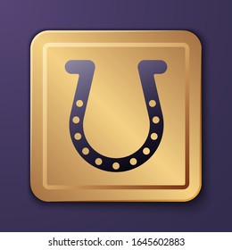Purple Horseshoe icon isolated on purple background. Gold square button. Vector Illustration