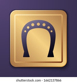 Purple Horseshoe icon isolated on purple background. Gold square button. Vector Illustration