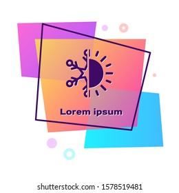 Purple Hot and cold symbol. Sun and snowflake icon isolated on white background. Winter and summer symbol. Color rectangle button. Vector Illustration