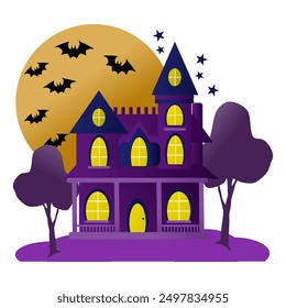 Purple house and full moon on Halloween