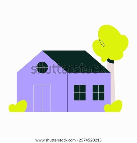 Purple House With Green Tree In Flat Vector Illustration Symbolizing Housing, Real Estate, And Suburban Living, Isolated On White Background