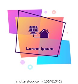 Purple House with solar panel icon isolated on white background. Ecology, solar renewable energy. Eco-friendly house. Environmental Protection. Color rectangle button. Vector Illustration