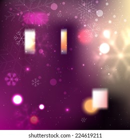 Purple house wall with windows, winter illustration with glowing blurred snowflakes