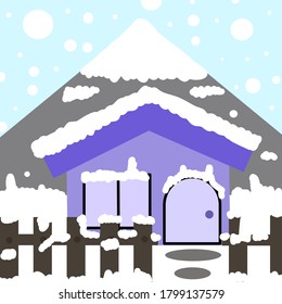 The purple house in winter, the kitchen, the house, the snow falls on the white mountains.