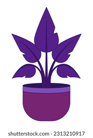 Purple houseplant in flowerpot flat vector cartoon icon. Large flower pot. Editorial, magazine spot illustration. Colorful object isolated on white. Editable 2D simple drawing, graphic design