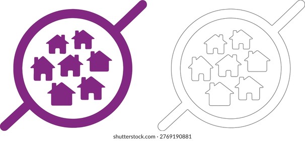 Purple houses inside circle and outline houses inside circle