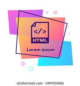 Purple HTML file document. Download html button icon isolated on white background. HTML file symbol. Markup language symbol. Color rectangle button. Vector Illustration