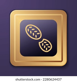Purple Human footprints shoes icon isolated on purple background. Shoes sole. Gold square button. Vector