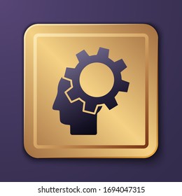 Purple Human head with gear inside icon isolated on purple background. Artificial intelligence. Thinking brain. Symbol work of brain. Gold square button. Vector Illustration