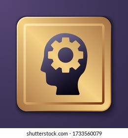Purple Human head with gear inside icon isolated on purple background. Artificial intelligence. Thinking brain. Symbol work of brain. Gold square button. Vector Illustration