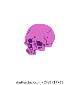 Purple human skull vector illustration. Cartoon scull icon, braincase bones. Wicca pagan faith symbol, esoteric and occult item. Dead person head isolated on white background