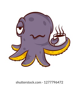 Purple humanized octopus holding cup of hot coffee. Sea creature with tentacles. Cartoon character. Vector icon