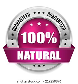 Purple hundred percent natural badge with ribbon on white background