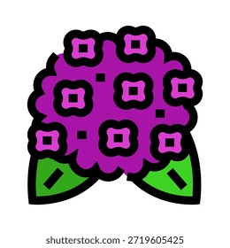 Flor de hortensia púrpura en un estilo de ícono de Vector moderno, ilustración floral minimalista que transmite jardinería, frescura de primavera, pétalos delicados y belleza natural sobre fondo blanco