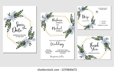 Purple hydrangea flower bouquet with greenery wedding invitation template set. Modern floral wedding card with golden frame decoration. Rsvp, thank you, save the date, invite card.