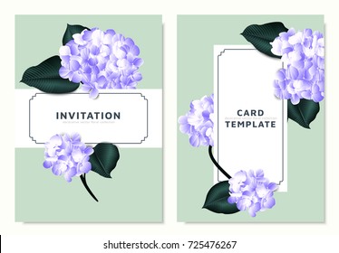 Purple hydrangea and Philodendron silk leaves on light green background, invitation card template design
