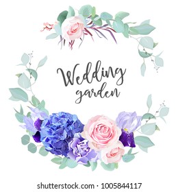 Purple hydrangea, pink rose, violet iris, carnation, blue mint eucalyptus, agonis and greenery  vector design round frame. Wedding delicate invitation card. All elements are isolated and editable