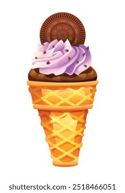 Purple ice cream with chocolate cookie topping in a waffle cone. Vector cartoon illustration