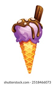 Purple ice cream with chocolate syrup drizzled on top and wafer stick in a waffle cone. Vector cartoon illustration