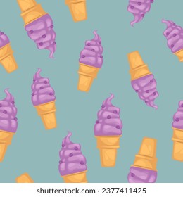 Purple ice cream cones with sprinkles. Summer frozen dessert, gelato with crunchy wafer. Fashion design, fabric or menu or digital media. Seamless pattern, background or print. Vector in flat style