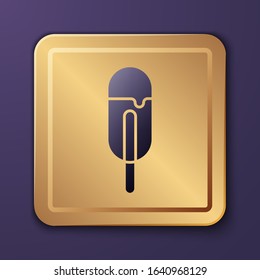 Purple Ice cream icon isolated on purple background. Sweet symbol. Gold square button. Vector Illustration