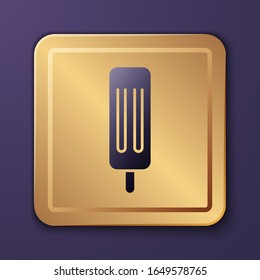 Purple Ice cream icon isolated on purple background. Sweet symbol. Gold square button. Vector Illustration