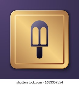 Purple Ice cream icon isolated on purple background. Sweet symbol. Gold square button. Vector Illustration