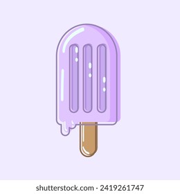 Purple ice cream on a stick on lilac background with highlights and shadows, which melts in the sun. Vector, object, EPS10.