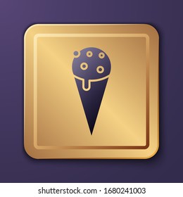 Purple Ice cream in waffle cone icon isolated on purple background. Sweet symbol. Gold square button. Vector Illustration