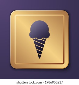Purple Ice cream in waffle cone icon isolated on purple background. Sweet symbol. Gold square button. Vector Illustration