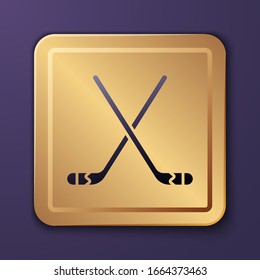 Purple Ice hockey sticks icon isolated on purple background. Gold square button. Vector Illustration