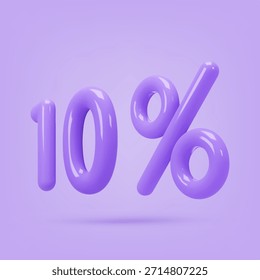 Icono púrpura, 3d render diez por ciento signo, 10%. Elemento de diseño realista. Ilustración vectorial aislada en lila para postal, iconos, póster, Anuncio, Web, diseño, artes. Venta del Black Friday
