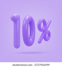 Lila Symbol, 3D-Rendering zehn Prozent Zeichen, 10 %. Realistisches Design. Vektorgrafik einzeln auf Lila für Postkarte, Symbole, Poster, Banner, Web, Design, Kunst. Black Friday Sale