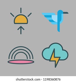 purple icon set. vector set about sunrise, rainbow, hummingbird and light bolt icons set.