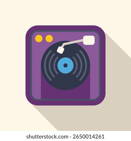 Purple icon of a vinyl record player playing music, isolated on a beige background with a long shadow
