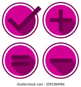 Purple icons plus, minus, equal, OK with shadow in pink circle. Set of flat vector icon isolated on white. Add or plus OK, minus purchase pictogram Good for web and mobile design. Calculator set icon
