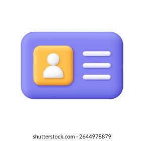 Cartão de identificação roxo, crachá de identidade, carteira de motorista com ícone de perfil de usuário. Conceito de empresas, segurança, identidade, autenticação e crachás de funcionários. ícone de vetor 3d. Estilo mínimo de desenho animado.