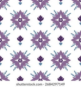 Padrão sem emenda de ikat roxo com flores decorativas. Ilustração vetorial desenhada à mão. Textura vetorial para têxteis, papel de parede, envoltório, azulejos portugueses e cerâmica.