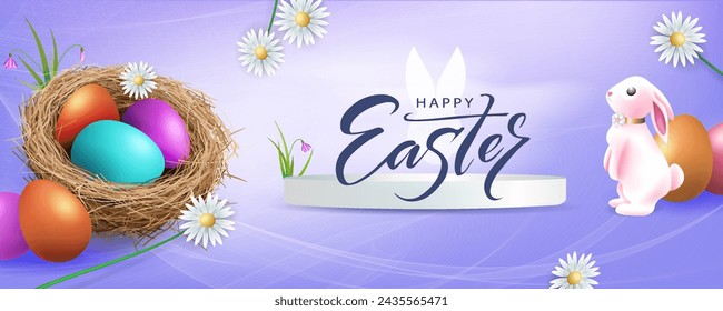 Purple illustration with a cute Easter bunny and eggs in a nest.