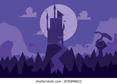 Purple illustration with dark castle and flying dragons, big moon, snakes